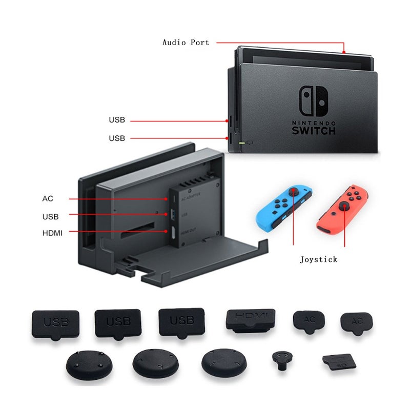 CLOVER Silicone Soft Rubber Dust Proof Plug Assessories Kits Set (13 Pack) for Nintendo Switch 2017 with Tempered Glass Screen Protector - Image 2